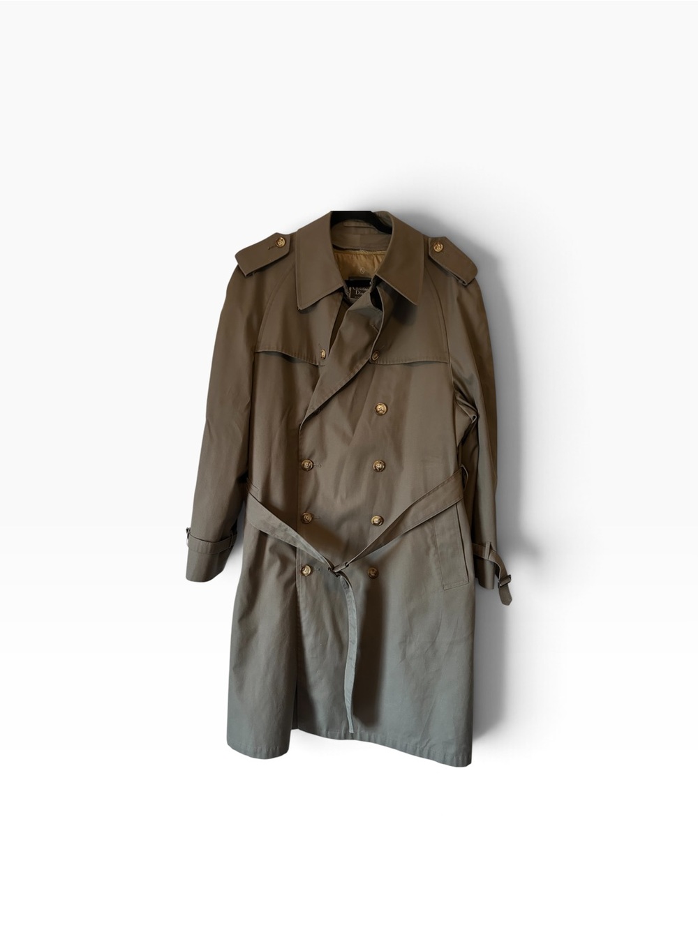 Vintage Christian Dior Khaki Double-Breasted Trench Coat with Belt. Wool Liner